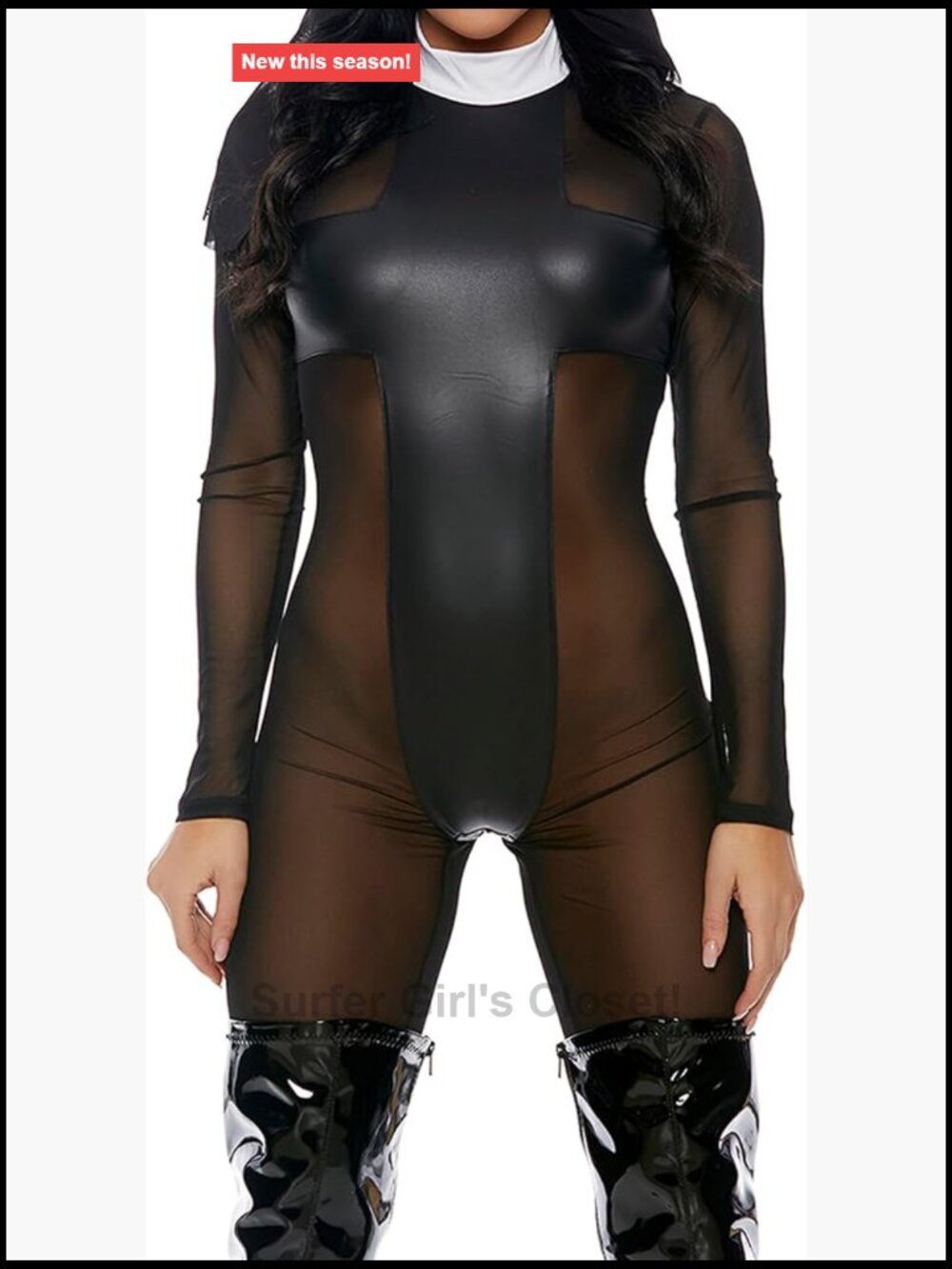 Sexy Nun Catsuit & Headpiece Sheer Mesh Costume Set
